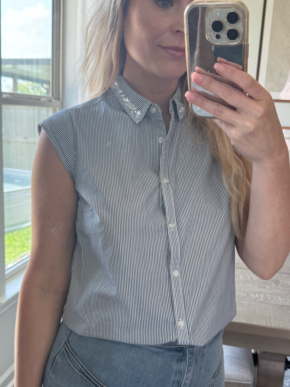 Sleeveless Striped Button-Down Shirt with Embellished Collar - Blue/White - Picture 11 of 12